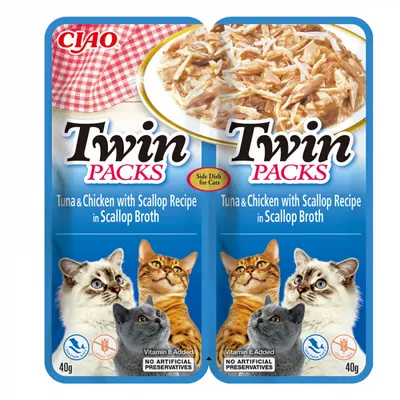 Hrana umeda pentru pisici Ciao Twin cu ton, pui scoici 2 x 40 gr