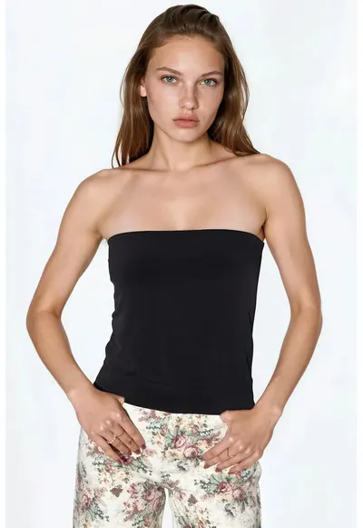 Top scurt - fara bretele - elastic - negru - bumbac-poliester
