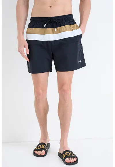 Pantaloni scurti de baie cu snur in talie si model in dungi Louis - Negru/Caramel