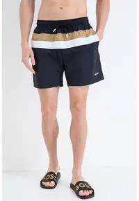 Pantaloni scurti de baie cu snur in talie si model in dungi Louis - Negru/Caramel