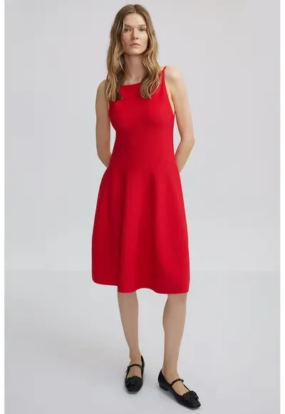 Rochie evazata fara maneci - Rosu vermillion