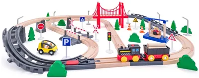 Set din lemn Woodyland - Tren cu șine și pod, 80 buc