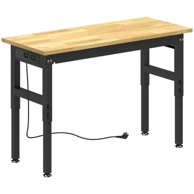 HOMCOM Masă de Lucru Reglabilă 122 cm, Blat Robust din Lemn de Cauciuc, 2 Prize AC și 2 Porturi USB, Panou Perforat, Capacitate 900 kg, pentru Garaj, Atelier și Casă | Aosom Romania