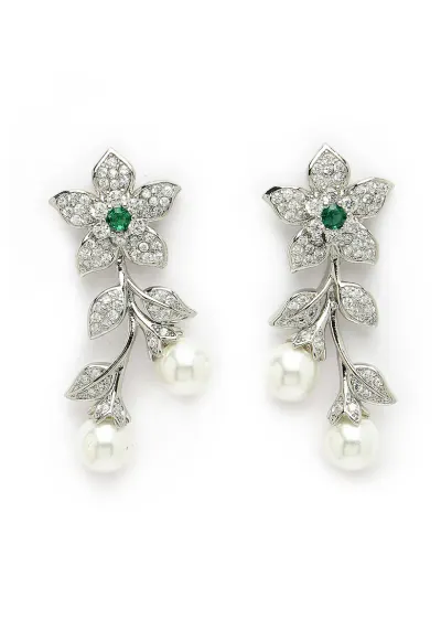 Cercei drop cu design floral si zirconia cubica - Alb/Verde/Argintiu