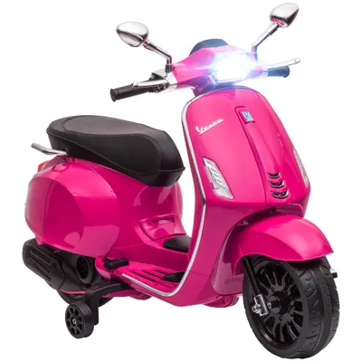 AIYAPLAY Motocicletă electrică pentru copii cu licență Vespa, roți ajutătoare, far și muzică, PP și metal, 107x47x73 cm, Roz | Aosom Romania