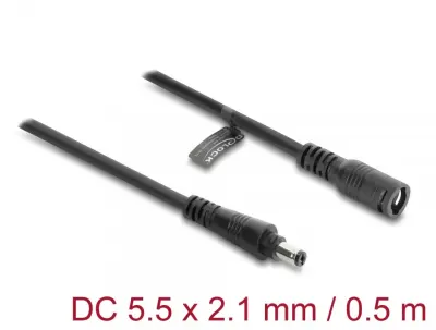 Cablu prelungitor alimentare 5.5 x 2.1mm cu blocare T-M 0.5m Negru, Delock 67388
