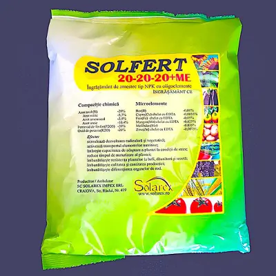 Solfert 20-20-20+ME 100 gr, ingrasamant foliar echilibrat tip NPK+ microelemente (Bor, Cupru, Fier, Mangan, Molibden, Zinc), stimuleaza dezvoltarea radiculara si vegetativa, imbunatateste calitatea si cantitatea productiei - Default Title