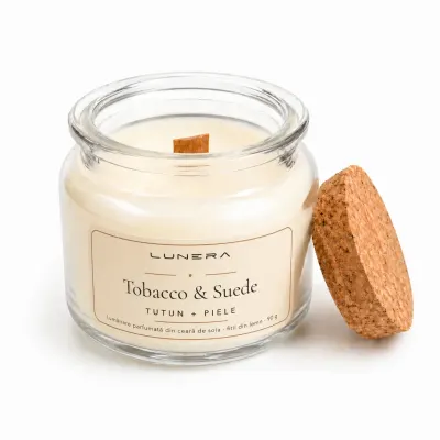 Lumânare parfumată din ceară de soia Tobacco & Suede - Tutun și Piele 90 g - Transparent