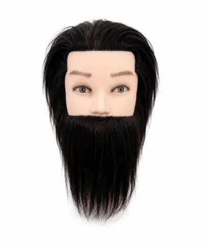 Cap de Practica pentru Frizerie - Par Uman si Barba Lunga, Negru/Saten Inchis
