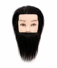 Cap de Practica pentru Frizerie - Par Uman si Barba Lunga, Negru/Saten Inchis