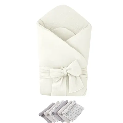 Pachet Paturica de infasat Cream, Qmini, Din muselina dubla si 6 scutece 35x35 cm din muselina de bambus