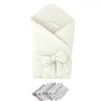 Pachet Paturica de infasat Cream, Qmini, Din muselina dubla si 6 scutece 35x35 cm din muselina de bambus