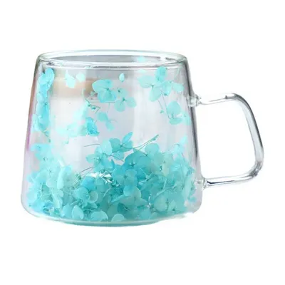 Cană cu flori uscate, pereți dubli, sticlă borosilicată, izolare termică, hortensie, turcoaz, 100 ml