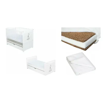 Set Patut din lemn bebe Babyneeds, Nadia II cu sertar, 120x60 cm, Alb + Saltea patut bebe, Cocos Confort II, Cu husa detasabila, 120x60x8 cm + Protectie impermeabila, Qmini, Pentru patuturi 120x60 cm, Alb
