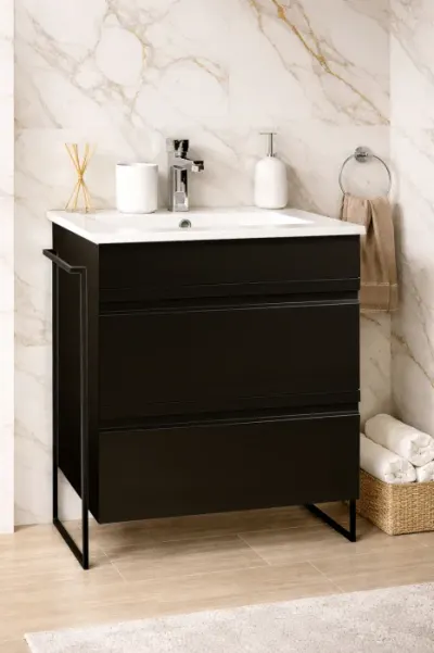 Set Baza front MDF si Lavoar seria 086, cadru metalic, cu sertare, montata, 60 cm, negru