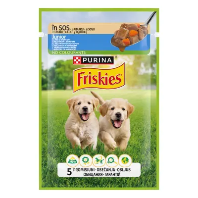 Hrana umeda pentru caini, Purina Friskies Junior cu Pui si Morcovi in Sos, 85g 85g