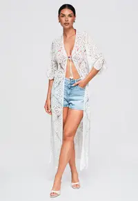 Kimono de plaja lung din dantela pentru femei - decolteu in V - maneci largi - OW-SW-E0003 - Alb - ONESIZE
