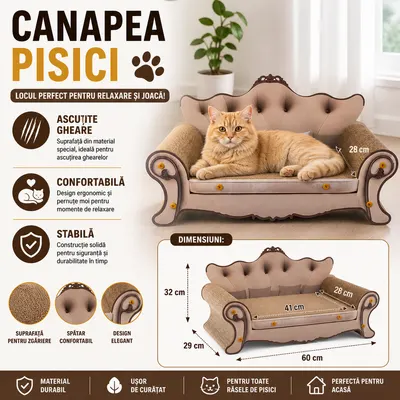 Canapea pentru ascutit gheare pisici, carton presat stratificat, dimensiune totala 32 x 29 x 60 cm, Crem