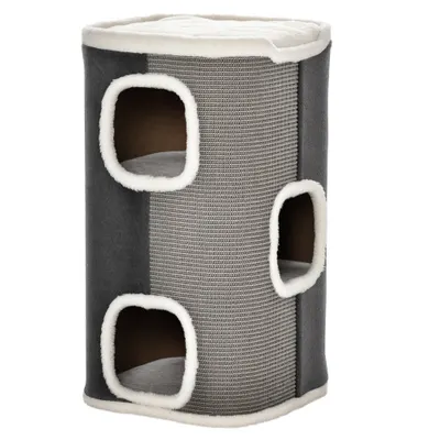 PawHut Catedrală pentru zgâriere de 74 cm înălțime cu trei nivele cu pernă, margine plușată, peșteră pentru pisici, catedrală zgârieră pentru pisici mici, Gri+ Alb | Aosom Romania