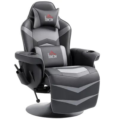 HOMCOM Fotoliu de gaming, funcție de masaj, spătar reglabil, suport pentru picioare, până la 120 kg, cadru din oțel, piele ecologică, Gri | Aosom Romania