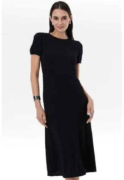 Rochie midi texturata cu slit frontal - Negru