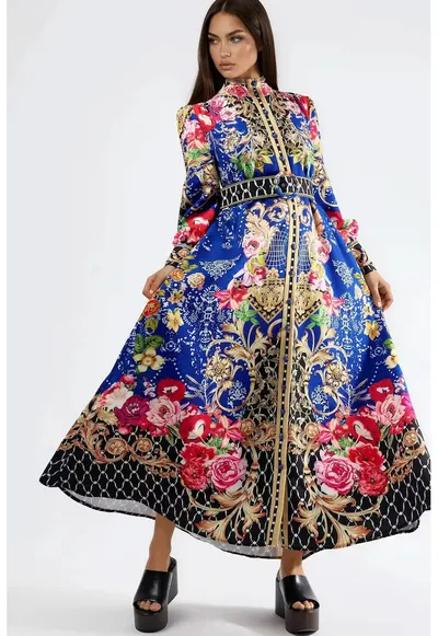 Rochie Maxi - model Floral - Albastru - Maneca lunga - Cu cordon