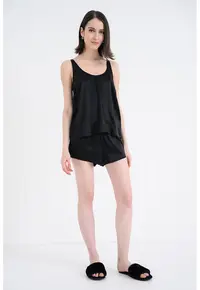 Pijama de matase cu model uni - Negru
