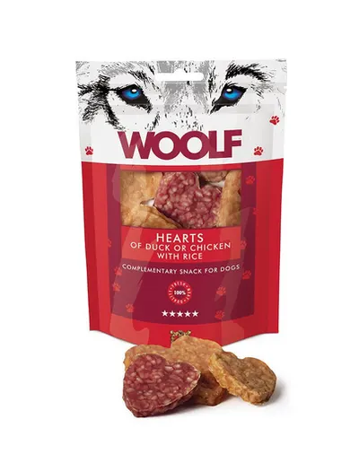 WOOLF Hearts Of Duck Or Chicken And Rice 100g recompense caini, din pui, rata si orez