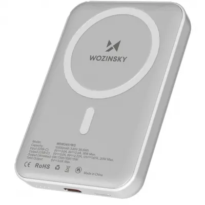 Baterie Externa Wireless WZK WRW349YWS, 10000mAh, 20W, PD + FQI, 1 x QI - 1 x USB-C, Alba