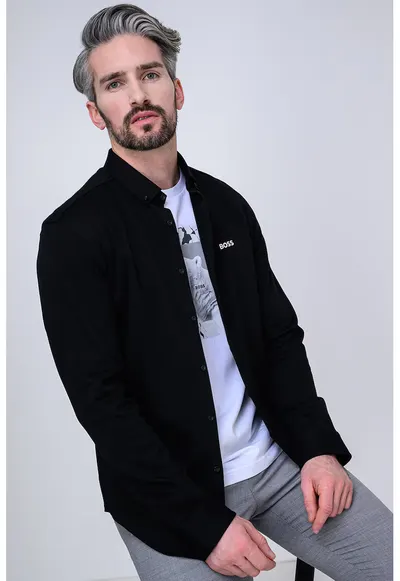 Camasa Oxford regular fit cu broderie logo - Negru