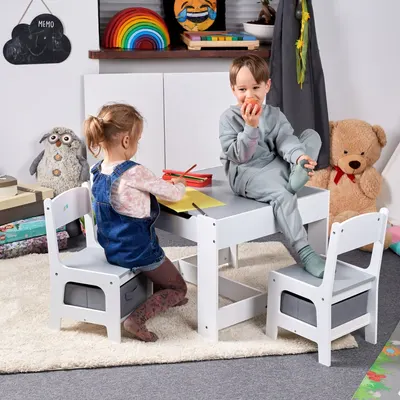 Set masuta cu 2 scaune pentru copii Suporto Alb Gri 3-6 ani, cu rafturi pentru carti, sertare depozitare, organizator jucarii, tabla de scris, desenat, studiat, din MDF