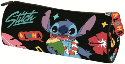 Penar școlar cilindric St. Majewski Stitch - Black Aloha, 1 fermoar