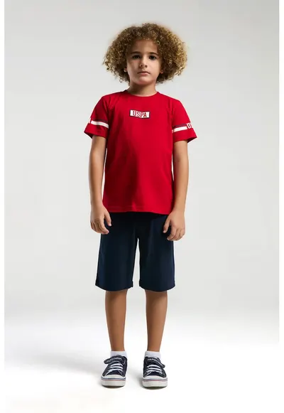 Set de tricou din bumbac si pantaloni scurti cu logo - 2 Piese - Rosu vermillion/Bleumarin