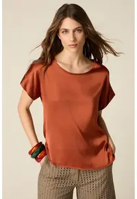 Bluza de satin cu maneci scurte - Maro scortisoara