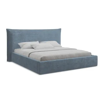 Pat matrimonial albastru tapițat cu spațiu de depozitare cu somieră 180x200 cm Esala – Makamii