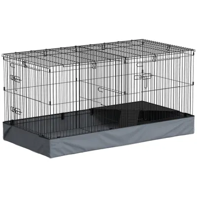 PawHut Cușcă 2 în 1 pentru Iepuri cu Acoperiș Detașabil, 2 Zone Separate și Podea Impermeabilă, 121x61x61 cm, Negru | Aosom Romania