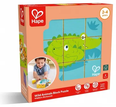 Puzzle educațional din lemn cu cuburi Hape - Animale sălbatice, 9 piese