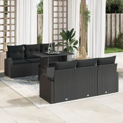 Set canapea gradina 7 piese cu pernute negru ratan polimer, canapea gradina 2 locuri spatiu depozitare pernute negru ratan polimer