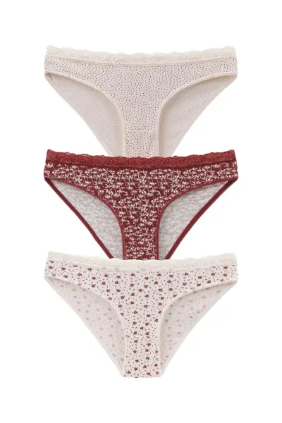 Set 3 perechi de chiloti din bumbac, cu dantela, pentru dama, 39750, Rosu/Crem