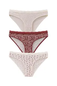 Set 3 perechi de chiloti din bumbac, cu dantela, pentru dama, 39750, Rosu/Crem