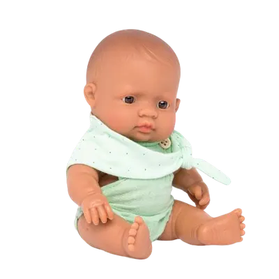 Papusa bebelus educativa 21 cm, Baiat hispanic in compleu verde, corp parfumat
