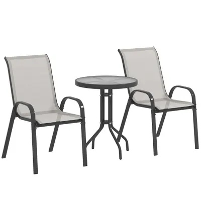 Outsunny Set de grădină 3 piese cu masă rotundă cu blat din sticlă și scaune suprapuse pentru exterior Gri deschis | Aosom Romania