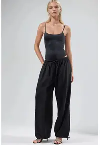 Pantaloni dama talie elastica - cu snur - negru - poliester
