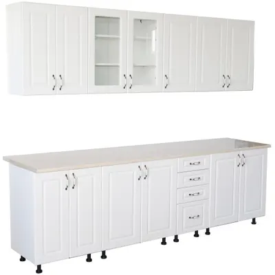 Bucatarie Zebra 260 cm din MDF Alb Mat cu blat termoizolant imitatie Alb / Bej