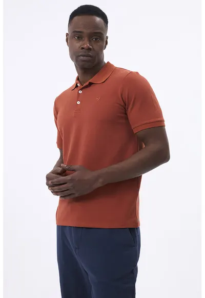 Tricou polo cu fenta cu nasturi - Portocaliu inchis
