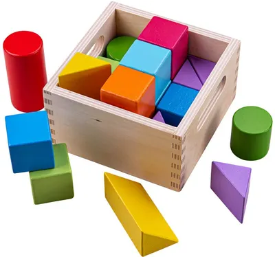Blocuri din lemn Bigjigs - Figuri geometrice colorate, in cutie