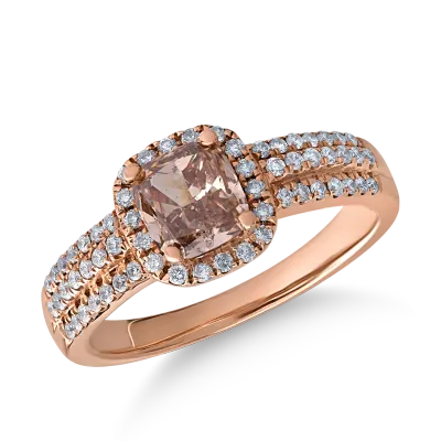 Inel din aur roz cu diamant maro cushion de 1ct si diamante transparente de 0.3ct