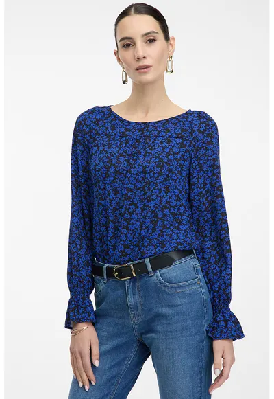 Bluza cu decolteu rotund si model - Negru/Albastru royal