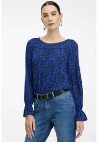Bluza cu decolteu rotund si model - Negru/Albastru royal