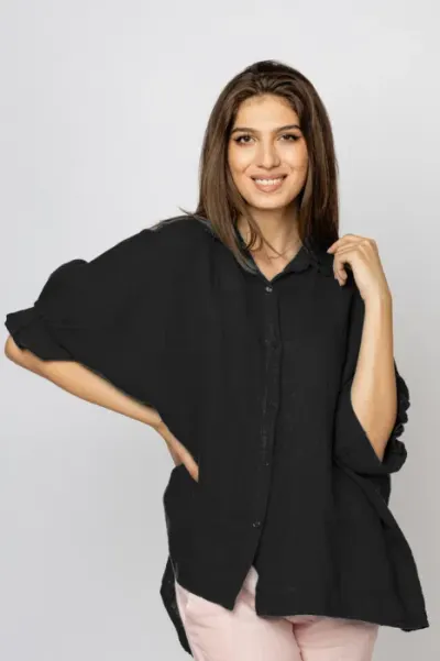 Camasa din in cu siret pe spate Stella Milani, neagra